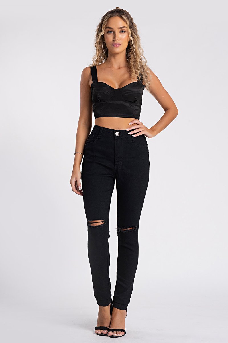 Calça Jeans Skinny Preta Cintura Alta com Puído Estilo Moderno