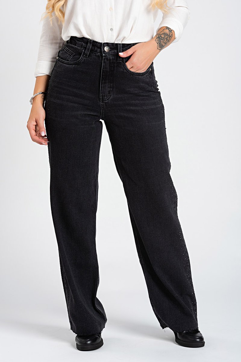 Calça Jeans Wide Leg Nevaska com Pedraria Cintura Alta